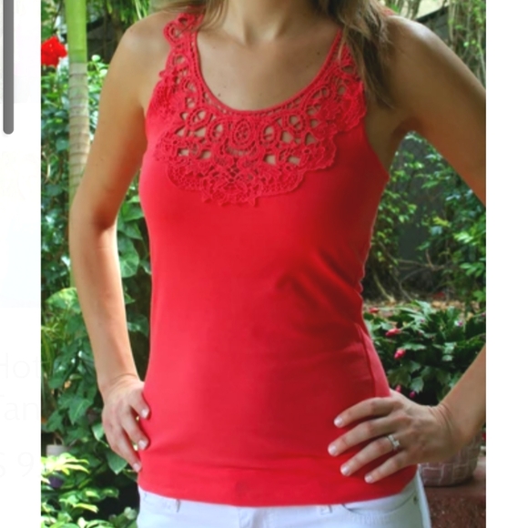 Red sleeveless racerback lace lowcut fitted tank top - Picture 2 of 3